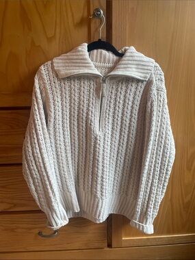 aerie Cream Zip-Up Cable Knit Sweater